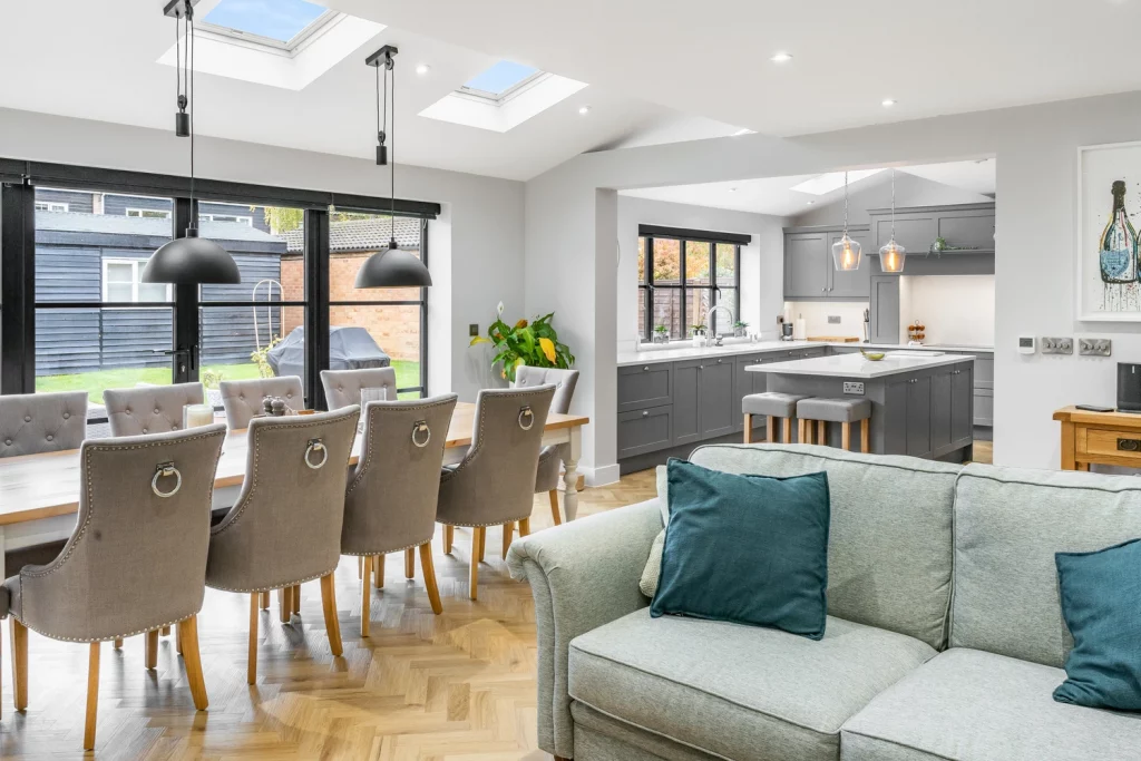 A beautiful rear kitchen extension with modern decorating and styling